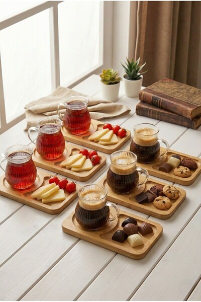 Reoona 6'lı 12parça bambu tabaklı borosilikat Cam Kulplu Bardak 200 ML Cam Ça...