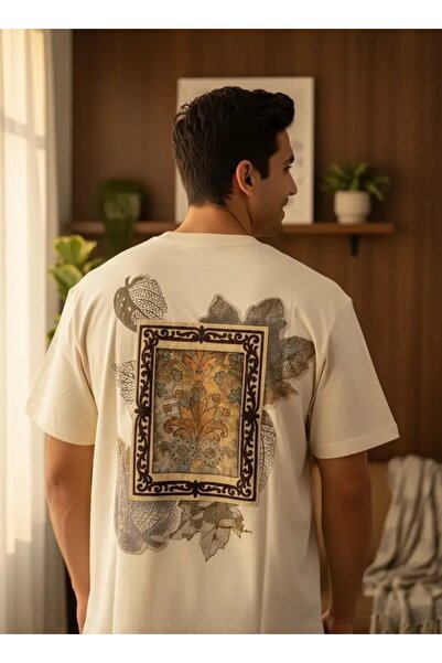 CANMODA Recien Vintage Baroque Patterned Oversized Design Stone Color T-Shirt