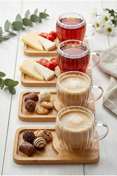 Reoona 4 kişilik 8 Parça Çift cidarlı bardak ve bambu tabaklı espresso çay ka...