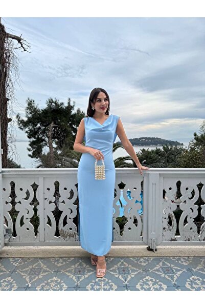 maf collection Women's Blue Degaje Collar Slit Detail Long Evening Dress