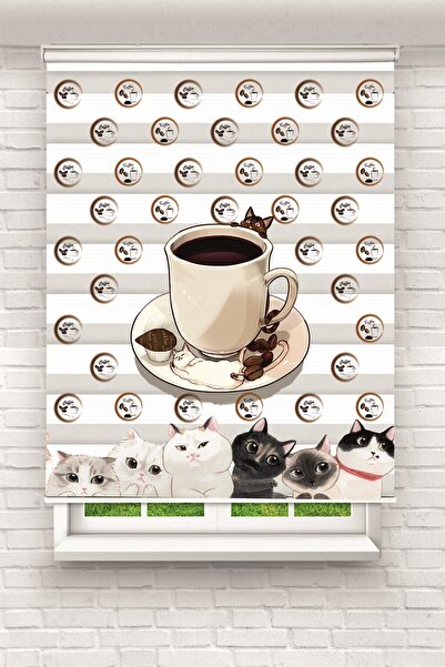 BASKICINIZ Kahve Fincanı Desenli Sıralı Modern Zebra Perde – YZN-1040