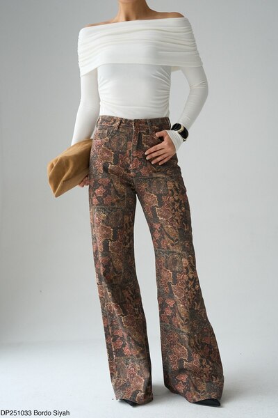 CADDELAMODA Women's Burgundy Ethnic Patterned Spanish Flare Denim Trousers