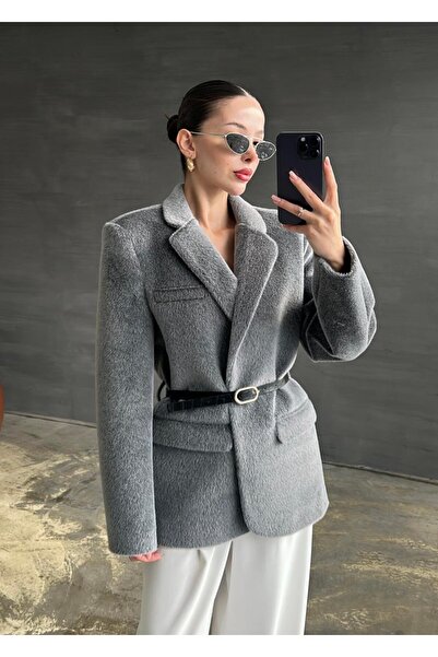 Stil Sepeti Women's Gray Premium Trend Belt Piece Short Melton Blazer Jacket ...
