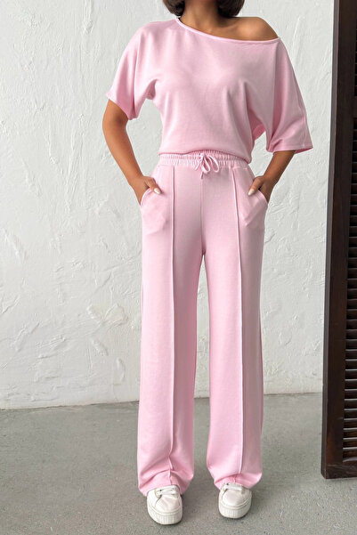 Lusin Women's Candy Pink Soft Bat Sleeve Blouse Drawstring Waist Wide Leg Two...