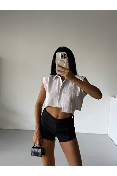 Bliss Women's Zero Sleeve Front Pocket Detail Linen Shirt