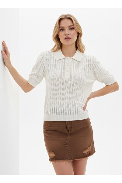 Noi Belis Polo Collar Perforated Half Placket Buttoned Knitwear Blouse Ss26Bz...