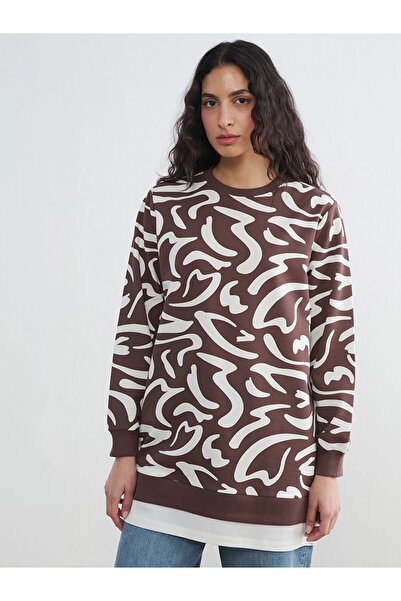 LC Waikiki Lcw Modest Brown Crew Neck Patterned Women's Sweatshirt Tunic