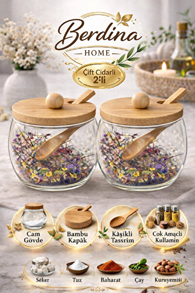 Berdina Home 2-Piece Double-Walled Glass Spice Bowl Set with Bamboo Lids and ...