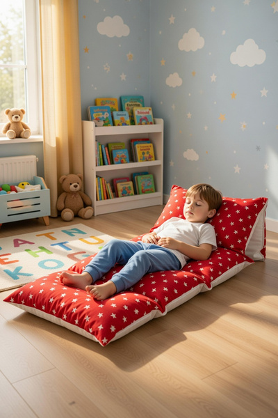 Bundeba Puf Kırmızı Yıldızlı Çocuk Katlanır Yer Minderi Bebek Yer Yatağı 5 Bö...