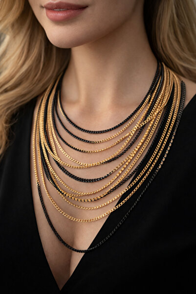 BEKLEMİN TAKILARI Çelik Gold ve Siyah Renk Çoklu Zincir Detaylı Katmanlı Komb...