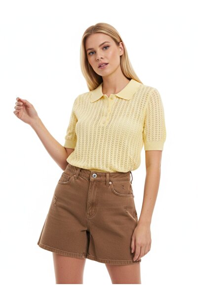 Noi Belis Polo Collar Perforated Half Placket Buttoned Knitwear Blouse Ss26Bz...