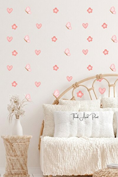 Think And Print Kalp, Kelebek ve Papatya Duvar Sticker Seti – Pembe & Turuncu...