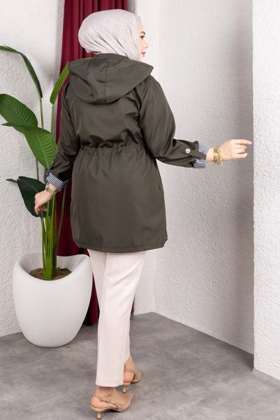 Rabia Zülal Zippered Waist Tunnel Plus Size Trench Coat Khaki