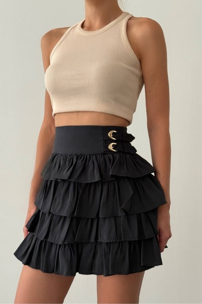 Safgiyim44 Double Belt Ruffled Mini Skirt with Accessories - Black