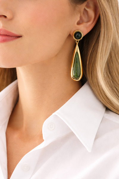 POYASE Yeşil Doğal Taşlı Gold Kaplama Damla Küpe – Şık ve Modern Tasarım Sall...