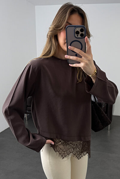 5in1Canpolat Καφέ Ασύμμετρη Μπλούζα με Λεπτομέρεια Δαντέλα