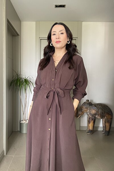 Butik Didem Sakinci Soft-Textured Full Button Closure Pocketed Waist Belted P...