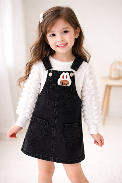 Universal Bayramlık Kız Çocuk Siyah Kot Salopet Elbise Beyaz Bluz Takım