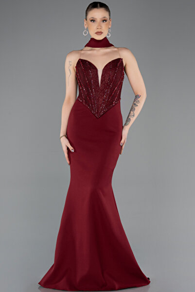 Abiyefon Bordo Taşlı Straplez Yaka Şallı Uzun Balık Abiye ABU5568