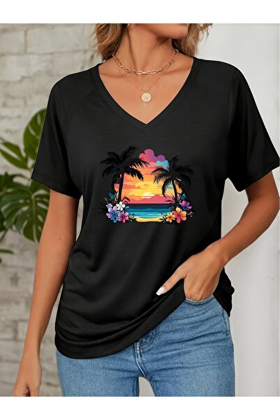 mercoledi Palmiye cu imprimeu pentru femei, cu decolteu în V, mâneci, croială...