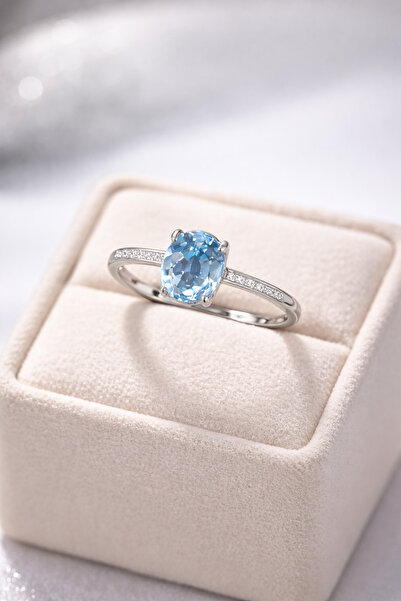 İyyaKee Kadın Gümüş Yüzük Mavi Topaz Taşlı Şık Zarif Ayarlanabilir 925 Ayar G...