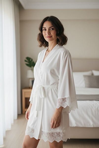 SADECE SEN DE Beyaz dantelli tasarım kimono/pareo/şifon kumaş/kuşaklı