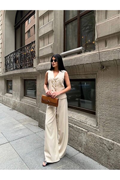 maf collection Women's Button Detail Zero Sleeve Beige Suit