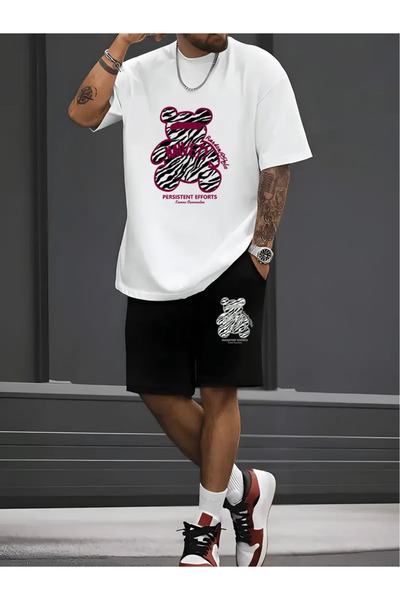 Rayan & Hoor Style Teddy Printed top & shorts t-shirt set - Oversized Relaxed...