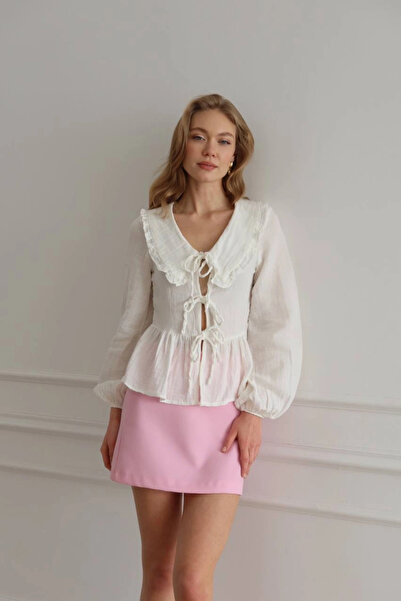 Lusin Women's Ecru Bohemian Style Front Tie-Detail Peter Pan collar Long Slee...