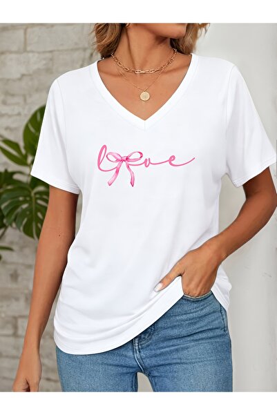 mercoledi Women's Hope Printed V-Neck Regular Fit T-Shirt with Sleeves