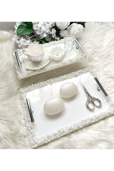 RESİNARTSHOP Epoksi Tepsi Dikdörtgen Full İncili Nişan tepsi seti GÜMÜŞ