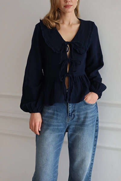 Lusin Women's Navy Blue Bohemian Style Front Tie-Detail Peter Pan collar Long...