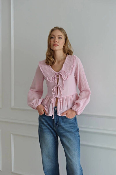 Lusin Women's Candy Pink Bohemian Style Front Tie-Detail Peter Pan collar Lon...