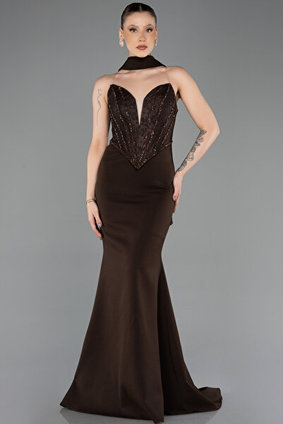 Abiyefon Kahve Taşlı Straplez Yaka Şallı Uzun Balık Abiye ABU5568