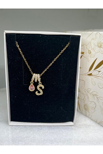 ZD JEWELRY Çelik 316 L Zirkon Taşlı Pembe Kristal Taş 45 cm Altın Renk Zincir...