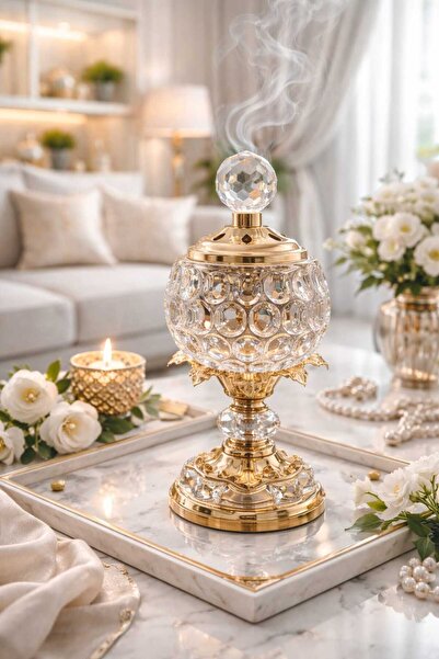 Banum Luxury Lux Kaliteli Altin Renkli Çelik ve Cam Tütsülük