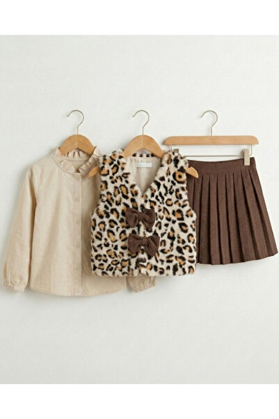 Asliva fashion Girl's 3-Piece Set: Leopard Printed Fur, Vest Ruffle Collar Sh...