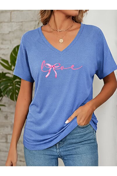 mercoledi Women's Hope Printed V-Neck Regular Fit T-Shirt with Sleeves