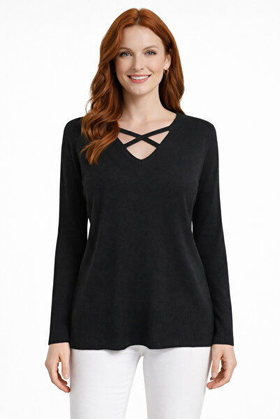 Neden Tekstil Black V-Neck Tunic with Crossed Strap Detail