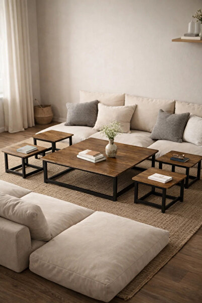 MARIA HOMES Rustic Brown 5-Piece Low Floor Coffee Table Set Industrial Metal ...