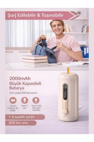 Deli VA10 Bej Şarjlı Otomatik Elektrikli Kalemtıraş 2000mAh – 5 Kademe Uç Aya...