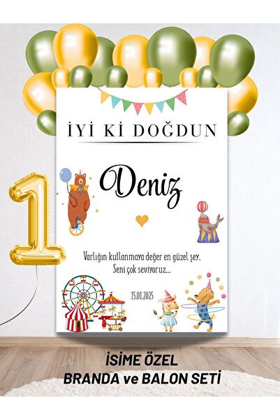 Hobi Sepeti İsimli Sirk Hayvanları Konseptli Balonlu Doğum Günü Duvar Brandas...