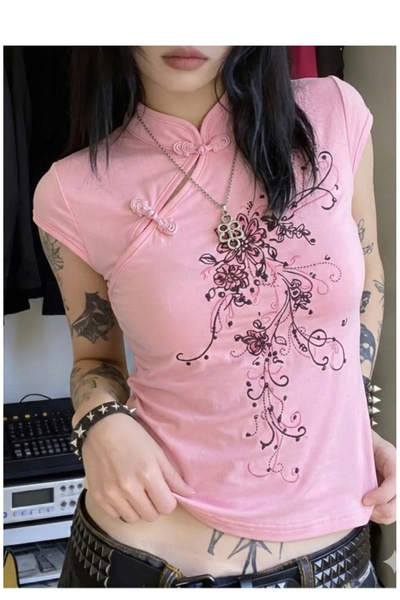 Köstebek China Style Mandarin Collar Vintage Flowers Short Sleeve Blouse