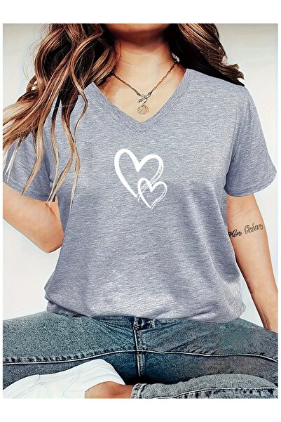 mercoledi Women's Minimal Heart Printed V-Neck Sleeves Regular Fit T-Shirt