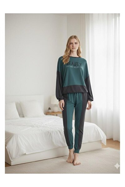 İpek Women's Long Sleeve Cuff Detailed Stripe Pattern Thermal Pajama Set