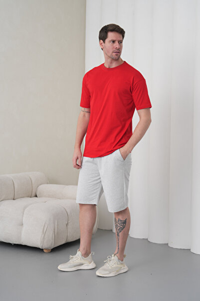 caddekombin Men's Red Gray Cotton Piece Combed Cotton Short Sleeve Pocketed S...