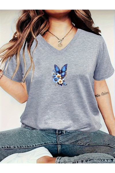 mercoledi Women's Minimal Butterfly Printed V-Neck Sleeved Regular Fit T-Shirt