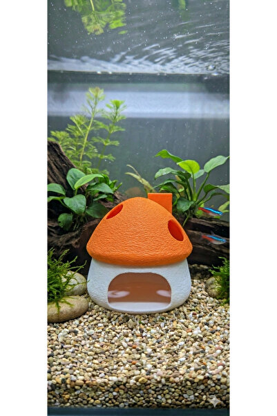 3D Tasarım Turuncu Beyaz Mantar Ev - Akvaryum İçi Estetik Dekorasyon (8x8 cm)...