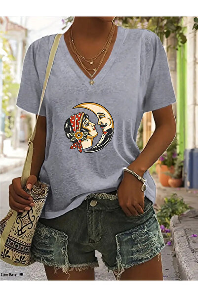 mercoledi Women's Mix Printed V-Neck Sleeved Regular Fit T-Shirt