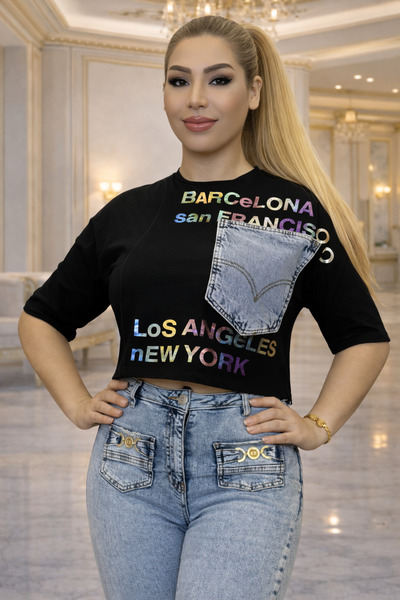 Yeşilmoda Women's Cropped T-Shirt Jean Pocket Detail Printed Cotton Casual T-...